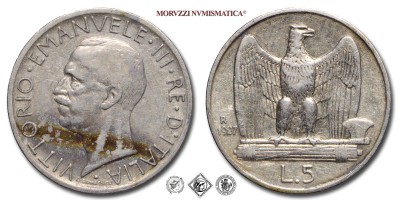 Regno d'Italia, VITTORIO EMANUELE III, LIRE 5, Aquilotto (Aquilino) - una rosetta, 1927, Zecca di Roma, ARGENTO, mBB, (Pagani 710) / monete italiane moderne d'argento (moneta italiana moderna da collezione - Casa Savoia) | Moruzzi Numismatica