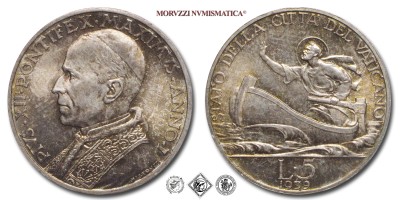 Città del Vaticano, PIO XII, Pacelli, LIRE 5, 1939 ANNO I, Zecca di Roma, ARGENTO, ​​​​​​​FDC, (Pagani 754) / monete papali vaticane d'argento (moneta papale vaticana da collezione) | Moruzzi Numismatica