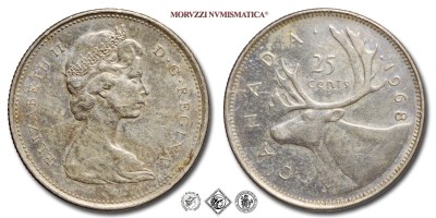 Canada, ELISABETTA II, CENTESIMI 25, 1968, Royal Canadian Mint of Ottawa, ARGENTO, mSPL, (KM 62a) / Queen Elizabeth II 25 CENTS 100th Anniversary of Canada World SILVER coins (monete mondiali canadesi moderne d'argento) | Moruzzi Numismatica