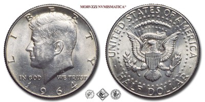 Stati Uniti d'America, DOLLARO 1/2, Kennedy, 1964, Zecca di Philadelphia, ARGENTO, FDC, (KM 202) / USA - United States of America Silver Half Dollar COINS (monete mondiali moderne da collezione - mezzi dollari americani - moneta mondiale moderna d'argento) | Moruzzi Numismatica