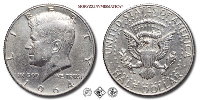 Stati Uniti d'America, DOLLARO 1/2, Kennedy, 1964, Zecca di Philadelphia, ARGENTO, SPL, (KM 202) / USA - United States of America Silver Half Dollar COINS (monete mondiali moderne da collezione - mezzi dollari americani - moneta mondiale moderna d'argento) | Moruzzi Numismatica