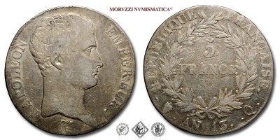 Francia, NAPOLEONE I, FRANCHI 5, AN 13 (1804/5), Zecca di Perpignan, ARGENTO, BB, (Gadoury 580) / France Napoléon Ier Bonaparte Empereur des Français 5 FRANCS pièces de monnaies françaises (monete mondiali europee francesi d'argento - moneta mondiale europea francese da collezione) | Moruzzi Numismatica