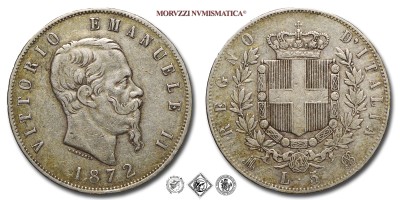 Regno d'Italia, VITTORIO EMANUELE II, LIRE 5 (SCUDO), 1872 M, Zecca di Milano, ARGENTO, BB, (Pagani 494) / monete italiane moderne (moneta italia moderna d'argento - scudi da collezione - Casa Savoia) | Moruzzi Numismatica