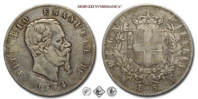 Regno d'Italia, VITTORIO EMANUELE II, LIRE 5 (SCUDO), 1874 M, Zecca di Milano, ARGENTO, BB, (Pagani 498) / monete italiane moderne (moneta italia moderna d'argento - scudi da collezione - Casa Savoia) | Moruzzi Numismatica