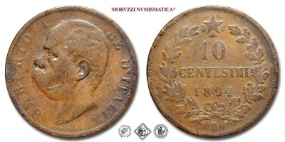 Regno d'Italia, UMBERTO I, CENTESIMI 10, 1894 R, Zecca di Roma, RAME, mB​​​​​​​, (R), (Pagani 615) / monete italiane moderne rare (moneta italiana moderna rara da collezione - Casa Savoia) | Moruzzi Numismatica