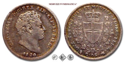 Regno di Sardegna, CARLO FELICE, CENTESIMI 25, 1830, Zecca di Torino, ARGENTO, BB, (RR), (Pagani 125a) / monete italiane moderne rare d'argento (moneta italiana moderna rara da collezione - Casa Savoia) | Moruzzi Numismatica