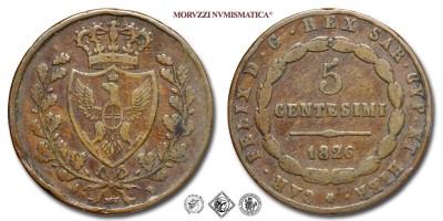 Regno di Sardegna, CARLO FELICE, CENTESIMI 5, L in losanga, 1826, Zecca di Torino, RAME, qBB, (Pagani 127) / monete italiane preunitarie moderne (moneta italiana preunitaria moderna da collezione - Casa Savoia) | Moruzzi Numismatica