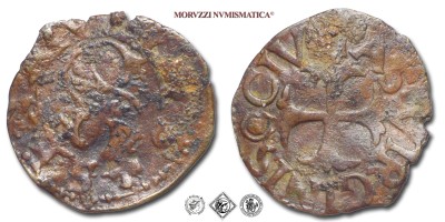 Siena, REPUBBLICA, QUATTRINO IN MISTURA, 1514, SENA VETVS grande S fogliata / CIVITAS • VIRGINIS (simbolo scudo a mandorla) croce trifogliata, Zecca di Siena, BB, (CNI 176 var.) / monete italiane toscane senesi medievali d'argento (moneta italiana toscana senese medievale da collezione) | Moruzzi Numismatica
