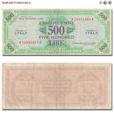 Italia, Occupazione Americana, ALLIED MILITARY CURRENCY, AM LIRE 500, Bilingue, 1943 A, Tipografia: FLC (Forbes Lithograph Corporation), qBB, (R), (Crapanzano OS63) / banconote italiane rare (cartamoneta italiana rara - banconota da collezione) | Moruzzi Numismatica