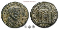 MASSENZIO, FOLLIS, 307-309/310 d.C., CONSERV VRB SVAE / AQP Roma seduta di fronte all'interno di un tempio esastilo con il globo e lo scettro. Nel frontone un crescente, Zecca di Aquileia, BRONZO, SPL, (R), (RIC 125/S) / monete romane imperiali antiche rare (moneta romana imperiale antica rara - Impero Romano) | Moruzzi Numismatica