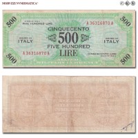 Italia, Occupazione Americana, ALLIED MILITARY CURRENCY, AM LIRE 500, Bilingue, 1943 A, Tipografia: FLC (Forbes Lithograph Corporation), BB, (R), (Crapanzano OS63) / banconote italiane rare (cartamoneta italiana rara - banconota da collezione) | Moruzzi Numismatica