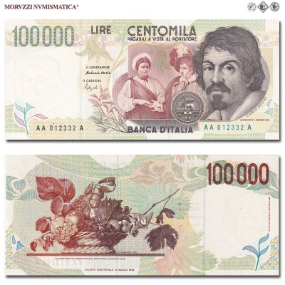 Repubblica Italiana, BANCA D'ITALIA, LIRE 100000, Caravaggio II tipo - Serie con tripla A, 12.05.1994, Firme: Fazio, Speziali, FDS, (R), (Crapanzano 626) / banconote italiane rare (cartamoneta italiana rara da collezione - banconota da 100.000 lire) | Moruzzi Numismatica