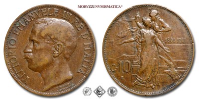 Regno d'Italia, VITTORIO EMANUELE III, CENTESIMI 10, Cinquantenario, 1911, Zecca di Roma, RAME, BB, (Pagani 863) / monete italiane moderne (moneta italiana moderna da collezione - Casa Savoia) | Moruzzi Numismatica