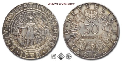 Austria, REPUBBLICA, SCELLINI 50, 300° anniversario Università di Innsbruck, 1970, Zecca di Vienna (Münze Österreich), ARGENTO, q​​​​​​​FDC, (KM 2908) / Silbermünzen aus dem Republik Österreich FÜNFZIG SCHILLING 300-Jahr-Jubiläum der Universität Innsbruck Münze Österreich Wien (World SILVER coins - monete mondiali europee commemorative austriache d'argento - moneta mondiale europea commemorativa austriaca) | Moruzzi Numismatica