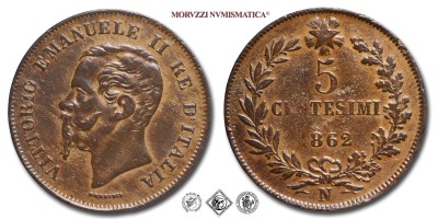 Regno d'Italia, VITTORIO EMANUELE II, CENTESIMI 5, 1862 N, Zecca di Napoli, RAME, qSPL, (Pagani 554) / monete italiane moderne (moneta italiana moderna da collezione - Casa Savoia) | Moruzzi Numismatica