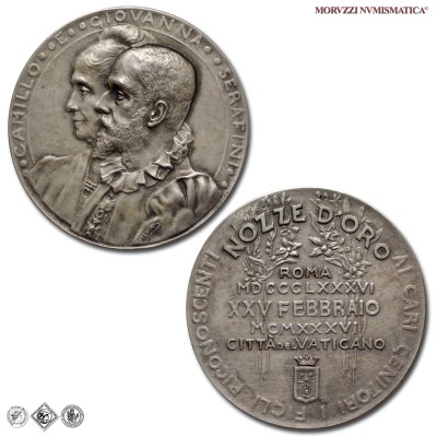 Italia, CAMILLO e GIOVANNA SERAFINI, MEDAGLIA IN ARGENTO, Nozze d'oro, 1936, qFDC, (RR) / medaglie italiane commemorative rare d'argento | Moruzzi Numismatica