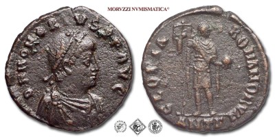 ONORIO, PICCOLO BRONZO, 395-401 d.C., GLORIA ROMANORVM, ANT#G# l'imperatore stante con labaro e globo, Zecca di Antiochia, BB, (R), (RIC 73/S) / monete romane imperiali antiche rare (moneta romana imperiale antica rara - Impero Romano) | Moruzzi Numismatica