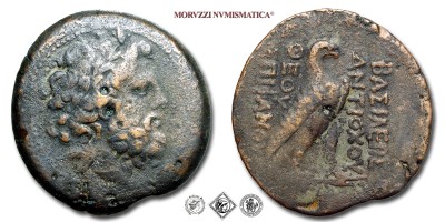 Regno Seleucide, ANTIOCO IV, Epifane, BRONZO, 175-164 a.C., testa laureata di Zeus Serapide / BASILEWS / ANTIOXOY / QEOY / EPIFANOYS aquila su fulmine, MB, (Sear 6985) / monete greche seleucidi antiche (moneta greca antica da collezione) | Moruzzi Numismatica