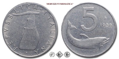 Repubblica Italiana, LIRE 5, Delfino, 1956, Zecca di Roma, ITALMA, BB, (R), (Pagani 2361) / monete italiane moderne rare (moneta italiana moderna rara da collezione) | Moruzzi Numismatica