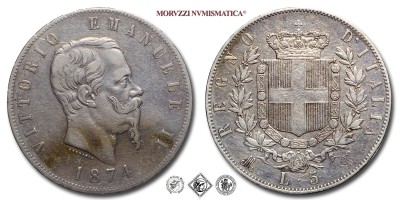 Regno d'Italia, VITTORIO EMANUELE II, LIRE 5 (SCUDO), 1874 M, Zecca di Milano, ARGENTO, mBB, (Pagani 498) / monete italiane moderne (moneta italia moderna d'argento - scudi da collezione - Casa Savoia) | Moruzzi Numismatica