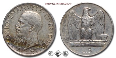 Regno d'Italia, VITTORIO EMANUELE III, LIRE 5, Aquilotto (Aquilino) - una rosetta, 1930, Zecca di Roma, ARGENTO, mBB, (Pagani 713) / monete italiane moderne d'argento (monete italiana moderna da collezione - Casa Savoia) | Moruzzi Numismatica