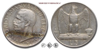 Regno d'Italia, VITTORIO EMANUELE III, LIRE 5, Aquilotto (Aquilino) - una rosetta, 1928, Zecca di Roma, ARGENTO, mBB, (Pagani 711) / monete italiane moderne d'argento (moneta italiana moderna da collezione - Casa Savoia) | Moruzzi Numismatica