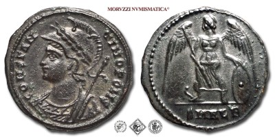 EMISSIONE COMMEMORATIVA, PICCOLO BRONZO, *Prima del 340 d.C., CONSTANTINOPOLIS busto galeato con scettro / SMALA la Vittoria stante su prora con lancia e scudo, Zecca di Alessandria, SPL, (RIC 17) / monete romane imperiali antiche (moneta romana imperiale antica - Impero Romano) | Moruzzi Numismatica