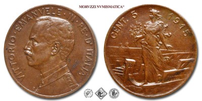 Regno d'Italia, VITTORIO EMANUELE III, CENTESIMI 5, Italia su prora, 1915, Zecca di Roma, RAME, qSPL, (Pagani 896) / monete italiane moderne (moneta italiana moderna da collezione - Casa Savoia) | Moruzzi Numismatica