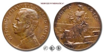 Regno d'Italia, VITTORIO EMANUELE III, CENTESIMI 5, Italia su prora, 1915, Zecca di Roma, RAME, mSPL, (Pagani 896) / monete italiane moderne (moneta italiana moderna da collezione - Casa Savoia) | Moruzzi Numismatica