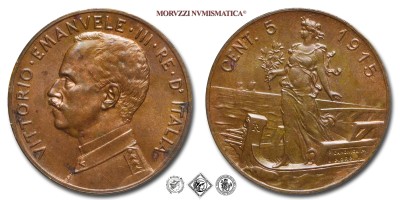 Regno d'Italia, VITTORIO EMANUELE III, CENTESIMI 5, Italia su prora, 1915, Zecca di Roma, RAME, FDC, (Pagani 896) / monete italiane moderne (moneta italiana moderna da collezione - Casa Savoia) | Moruzzi Numismatica