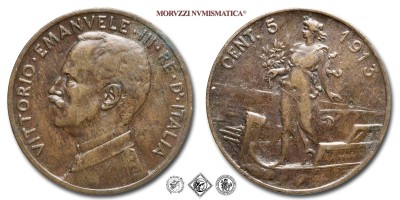 Regno d'Italia, VITTORIO EMANUELE III, CENTESIMI 5, Italia su prora, 1913, Zecca di Roma, RAME, BB, (Pagani 895) / monete italiane moderne (moneta italiana moderna da collezione - Casa Savoia) | Moruzzi Numismatica