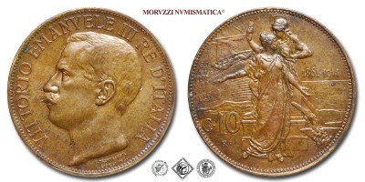 Regno d'Italia, VITTORIO EMANUELE III, CENTESIMI 10, Cinquantenario, 1911, Zecca di Roma, RAME, qFDC, (Pagani 863) / monete italiane moderne (moneta italiana moderna da collezione - Casa Savoia) | Moruzzi Numismatica