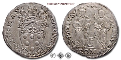 Stato Pontificio, CLEMENTE VII, de' Medici, GROSSO, 1523-1534, ° S ° PETRVS ° ° + ° ° S PAVLVS °, S. Pietro e S. Paolo; in basso, tra i due Santi, segno di zecchiere non identificato (F su crescente) e, all'esergo, ° ROMA °, Zecca di Roma, ARGENTO, SPL, (R), (Muntoni 54) / monete papali pontificie rinascimentali rare d'argento (moneta papale pontificia rinascimentale rara da collezione) | Moruzzi Numismatica