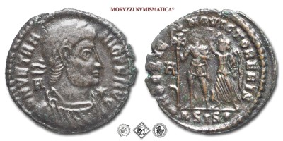 VETRANIO, MAIORINA, 350 d.C., HOC SIGNO VICTOR ERIS / ASIS la Vittoria incorona l'imperatore stante con lo scettro cruciforme, Zecca di Siscia, BRONZO, mBB, (R), (RIC 287/S) / monete romane imperiali antiche rare (moneta romana imperiale antica rara - Impero Romano) | Moruzzi Numismatica