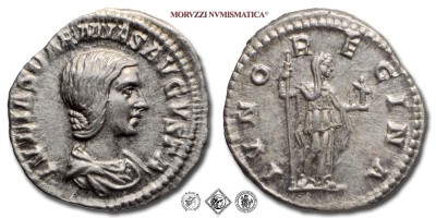 GIULIA SOEMIA, DENARIO, 218-222 d.C., IVNO REGINA Giunone stante con lungo scettro, Zecca di Roma, ARGENTO, SPL, (RIC 237) / monete romane imperiali antiche d'argento (moneta romana imperiale antica - Impero Romano) | Moruzzi Numismatica