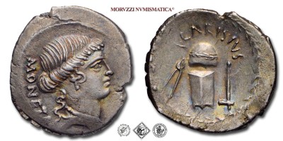 GENS CARISIA, T. Carisius, DENARIO, 46 a.C., testa di Giunone Moneta; dietro: MONETA / T•CARISIVS arnesi per battere moneta, Zecca di Roma, ARGENTO, SPL, (Crawford 464/2) / monete romane repubblicane antiche d'argento (moneta antica della Repubblica Romana) | Moruzzi Numismatica