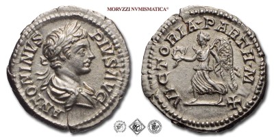 CARACALLA, DENARIO, 201-206 d.C., VICTORIA PARTH MAX la Vittoria con ramo di palma e corona in corsa, Zecca di Roma, ARGENTO, SPL, (R), (RIC 145/R) / monete romane imperiali antiche rare d'argento (moneta romana imperiale antica rara della dinastia dei Severi - Impero Romano) | Moruzzi Numismatica