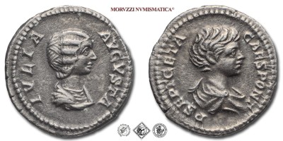 GIULIA DOMNA, DENARIO, 193-217 d.C., IVLIA AVGVSTA busto ammantato / P SEPT GETA CAES PONT busto con paludamento e corazza, Zecca di Roma, ARGENTO, mBB, (R), (RIC 571/R) / monete romane imperiali antiche rare d'argento (moneta romana imperiale antica rara - Impero Romano) | Moruzzi Numismatica