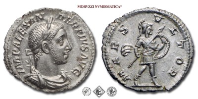 ALESSANDRO SEVERO, DENARIO, 231-235 d.C., MARS VLTOR Marte stante con lancia e scudo, Zecca di Roma, ARGENTO, qFDC, (RIC 246d) / monete romane imperiali antiche d'argento (moneta romana imperiale antica della dinastia dei Severi - Impero Romano) | Moruzzi Numismatica