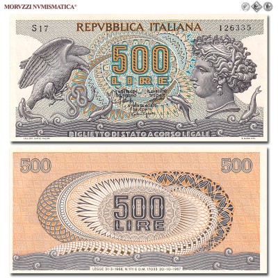Repubblica Italiana, BIGLIETTO DI STATO, LIRE 500, Aretusa, 20.06.1966, Firme: Stammati, Gubbels, Ventura Signoretti, FDS, (Crapanzano BS58) / banconote italiane (cartamoneta italiana - biglietti da collezione - banconota da cinquecento lire) | Moruzzi Numismatica