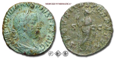 GORDIANO III Pio, SESTERZIO, 244 d.C., SECVRITAS PERPET / S C la Securitas con scettro si appoggia con il gomito ad una colonna, Zecca di Roma, BRONZO, BB, (RIC 336) / monete romane imperiali antiche (moneta romana imperiale antica - Impero Romano) | Moruzzi Numismatica