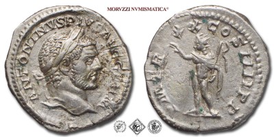CARACALLA, DENARIO, 217 d.C., P M TR P XX COS IIII P P il Sole radiato leva in alto la destra e tiene il frustino nella sinistra, Zecca di Roma, BRONZO, mBB, (RIC 293d) / monete romane imperiali antiche d'argento (moneta romana imperiale antica della dinastia dei Severi - Impero Romano) | Moruzzi Numismatica
