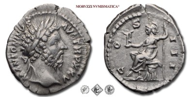 MARCO AURELIO, DENARIO, 170-171 d.C., COS III Roma galeata seduta su di una corazza tiene una Vittoria e un lungo scettro, Zecca di Roma, ARGENTO, mBB, (RIC 233) / monete romane imperiali antiche d'argento (moneta romana imperiale antica della dinastia degli Antonini - Impero Romano) | Moruzzi Numismatica