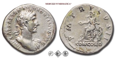 ADRIANO, DENARIO, 118 d.C., P M TR P COS II / CONCORD la Concordia seduta con patera e sotto al sedile una cornucopia, Zecca di Roma, ARGENTO, BB, (RIC 40) / monete romane imperiali antiche d'argento (moneta romana imperiale antica - Impero Romano) | Moruzzi Numismatica