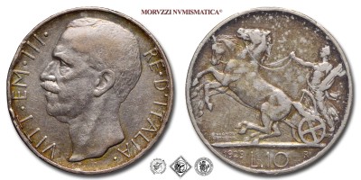 Regno d'Italia, VITTORIO EMANUELE III, LIRE 10, Biga - una rosetta, 1929, Zecca di Roma, ARGENTO, qBB, (Pagani 694) / monete italiane moderne d'argento (moneta italiana moderna da collezione - Casa Savoia) | Moruzzi Numismatica