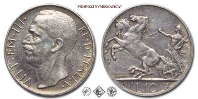 Regno d'Italia, VITTORIO EMANUELE III, LIRE 10, Biga - una rosetta, 1927, Zecca di Roma, ARGENTO, qSPL, (Pagani 692) / monete italiane moderne d'argento (moneta italiana moderna da collezione - Casa Savoia) | Moruzzi Numismatica