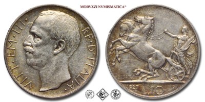 Regno d'Italia, VITTORIO EMANUELE III, LIRE 10, Biga - due rosette, 1927, Zecca di Roma, ARGENTO, mBB, (Pagani 692a) / monete italiane moderne d'argento (moneta italiana moderna da collezione - Casa Savoia) | Moruzzi Numismatica