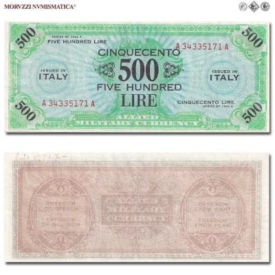 Italia, Occupazione Americana, ALLIED MILITARY CURRENCY, AM LIRE 500, Bilingue, Serie A - A, 1943 A, Tipografia: FLC (Forbes Lithograph Corporation), qSPL, (R), (Crapanzano OS63) / banconote italiane rare (cartamoneta italiana rara - banconota da collezione) | Moruzzi Numismatica