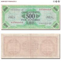 Italia, Occupazione Americana, ALLIED MILITARY CURRENCY, AM LIRE 500, Bilingue, Serie A - A, 1943 A, Tipografia: FLC (Forbes Lithograph Corporation), mBB, (R), (Crapanzano OS63) / banconote italiane rare (cartamoneta italiana rara - banconota da collezione) | Moruzzi Numismatica