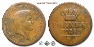 Regno delle due Sicilie, FERDINANDO II DI BORBONE, TORNESI 10, 1849, Zecca di Napoli, RAME, qMB, (R), (Pagani 342) / monete italiane napoletane borboniche preunitarie rare (moneta italiana napoletana borbonica preunitaria rara da collezione) | Moruzzi Numismatica